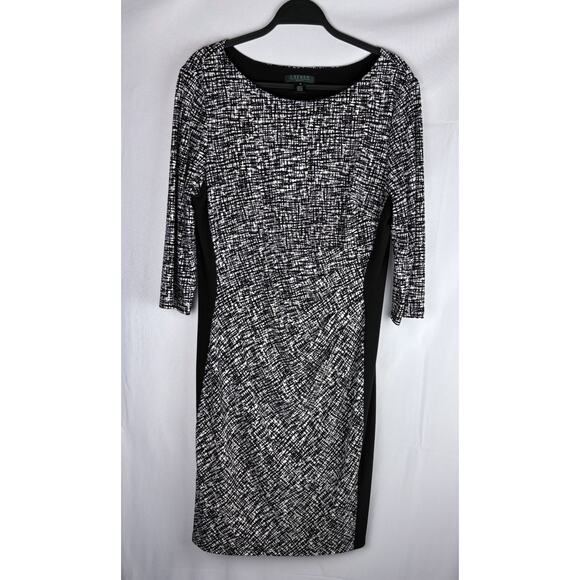 Lauren Ralph Lauren Sheath Dress Womens Sz 16 Black Geo Print ¾ Sleeve Ruched - Picture 1 of 6